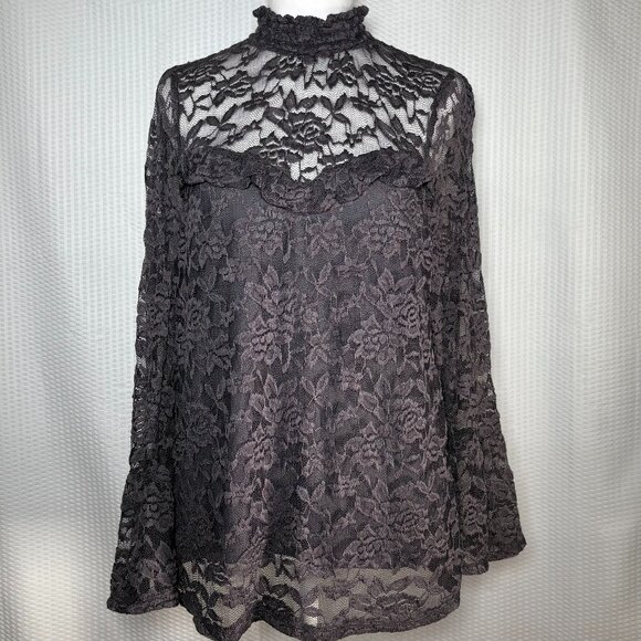 Lily White Victorian Semi-Sheer Floral Lace Blouse Women's Gray XL High Neckline - Picture 1 of 9